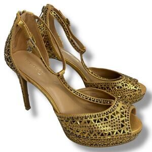 NEW Thalia Sodi Chacey Embellished T-Strap Platform Pumps Gold Size 11 Studded